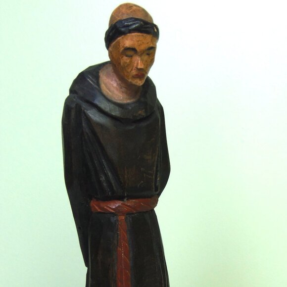 Vintage Carved Wood Figurine St Francis Rustic MCM Minimalist Style 9.5" Tall - Picture 1 of 9
